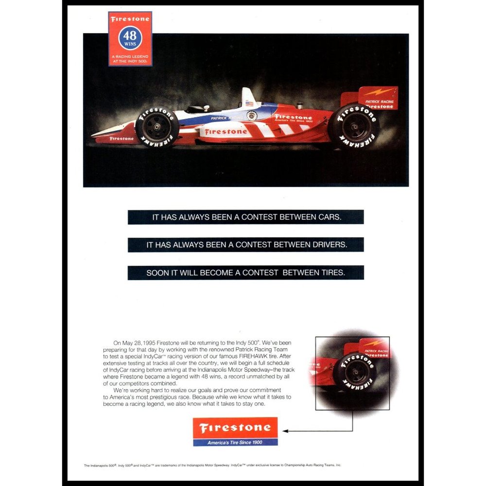 1995 Firestone Firehawk Tires Vintage Print Ad Indy 500 Race Car Racing Wall Art